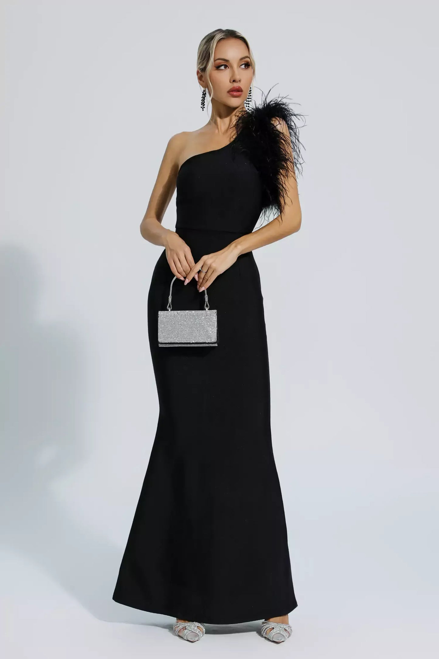 Ostrich Fur One Shoulder Bandage Dress