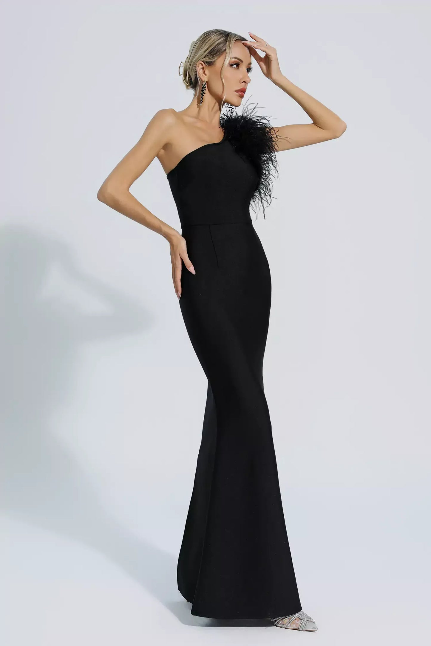Ostrich Fur One Shoulder Bandage Dress
