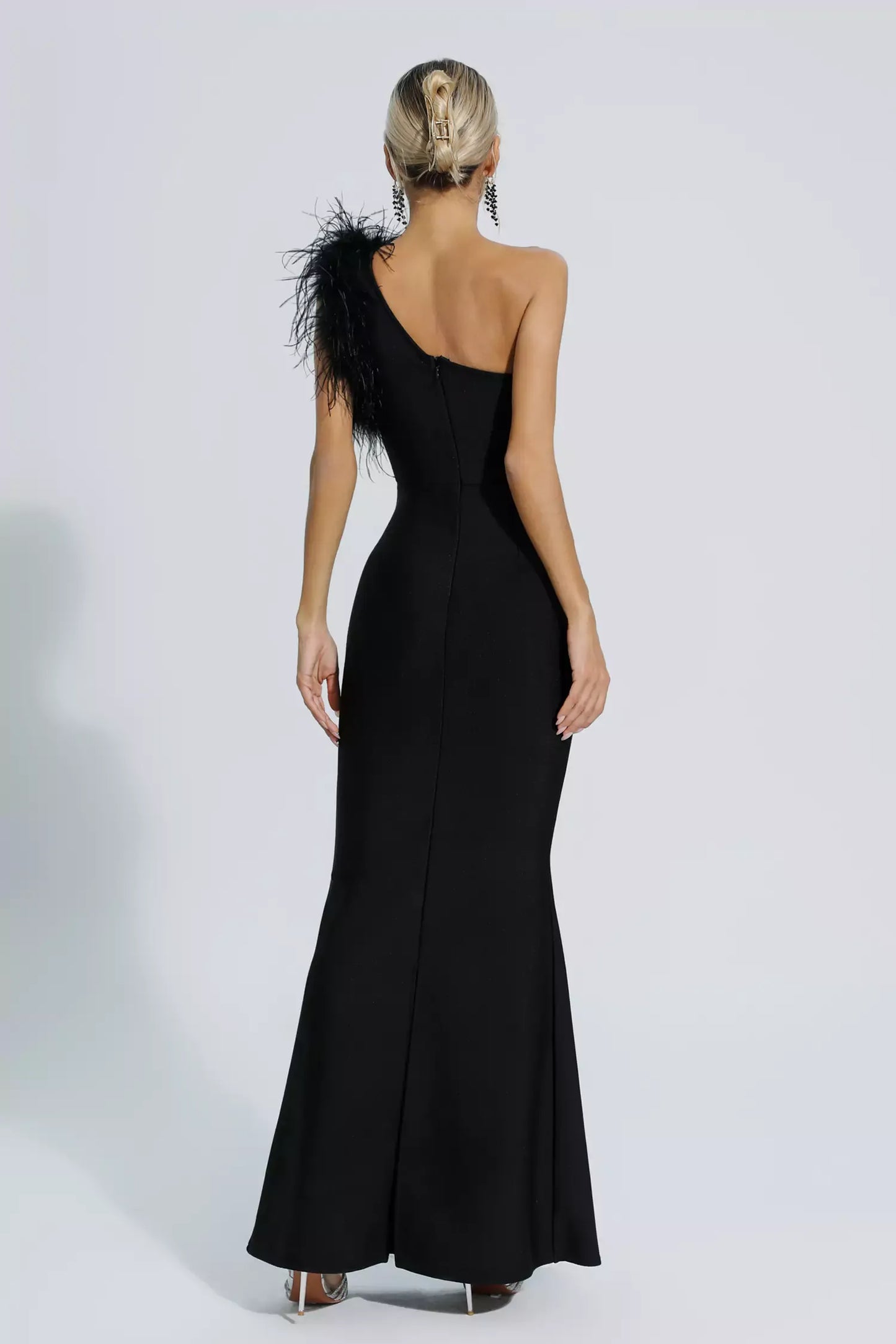 Ostrich Fur One Shoulder Bandage Dress