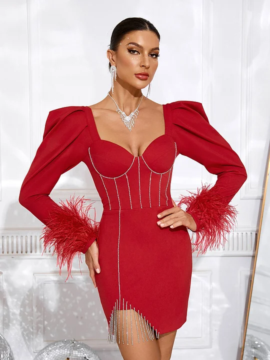 Red Feather Split Studded Chain Fringe Dress