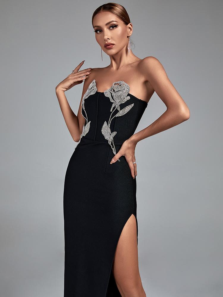 Black Sheath Bandage Gown with Rhinestones