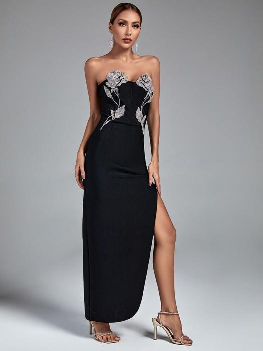 Black Sheath Bandage Gown with Rhinestones
