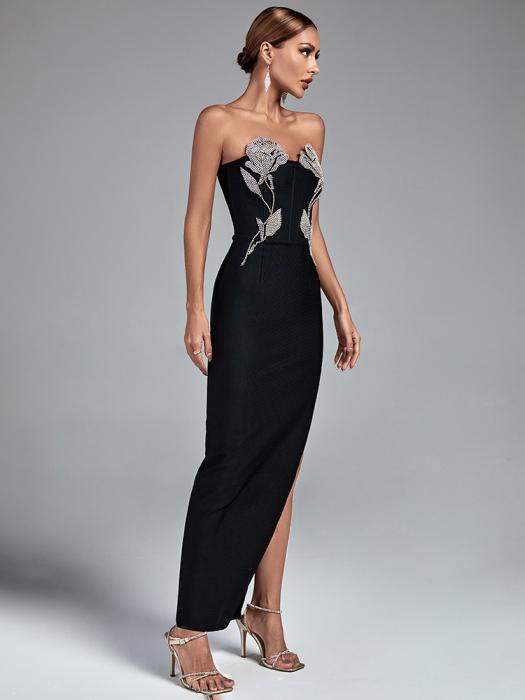 Black Sheath Bandage Gown with Rhinestones