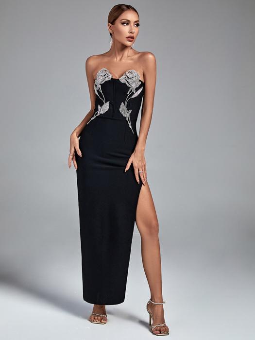 Black Sheath Bandage Gown with Rhinestones