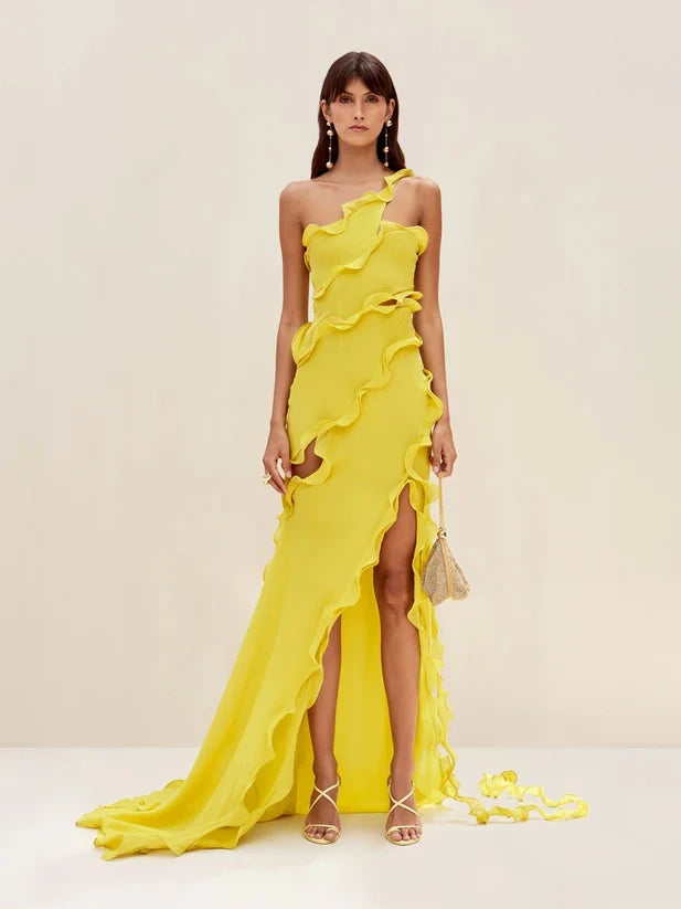 Elegant Off-One-Shoulder Ruffle Patchwork Maxi Dress