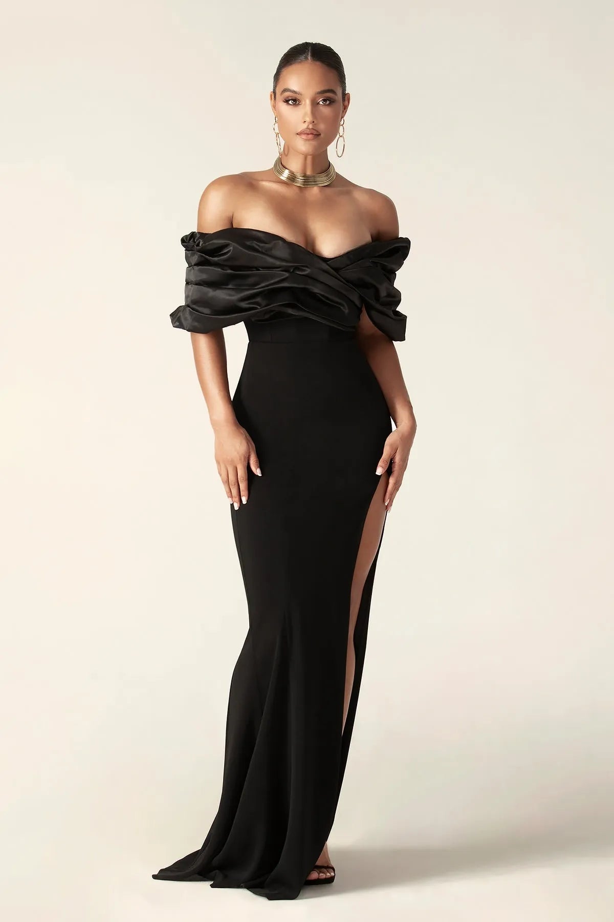 Off Shoulder Ruched Maxi Slit Dress