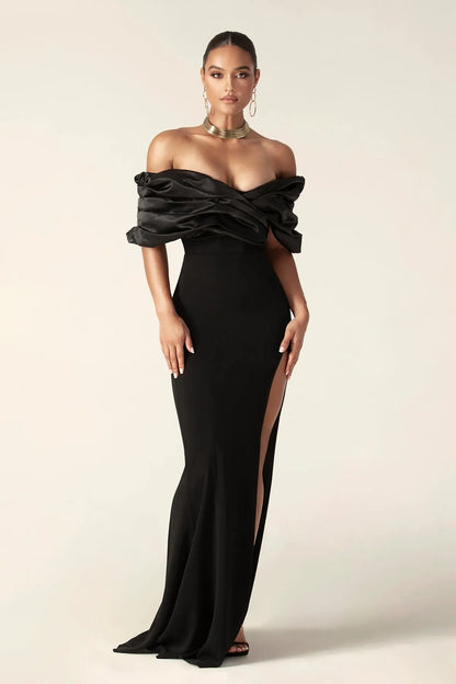 Off Shoulder Ruched Maxi Slit Dress
