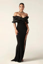 Off Shoulder Ruched Maxi Slit Dress