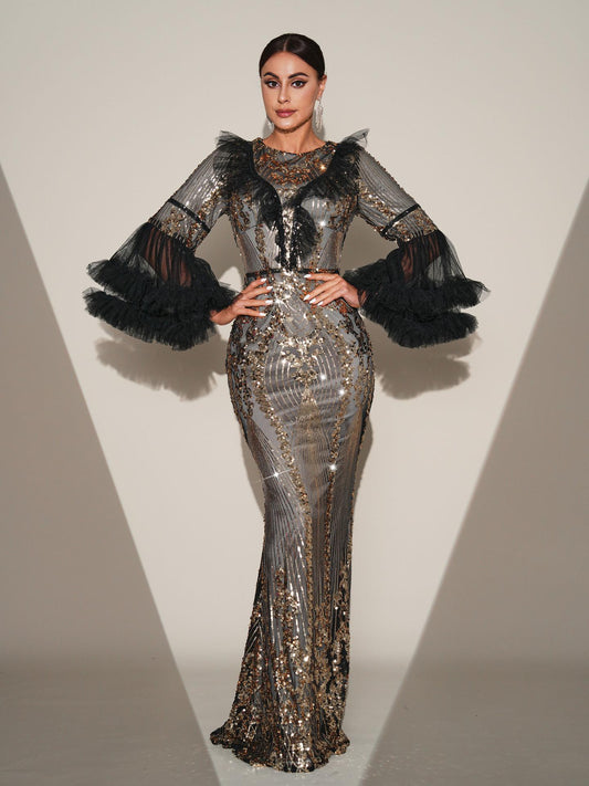 Round Neck Sequins Fishtail Maxi Dress