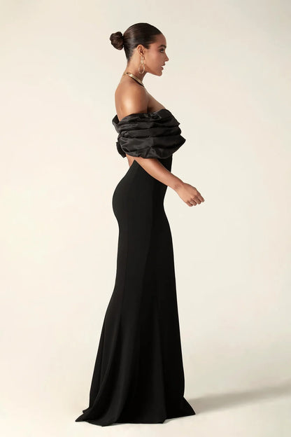 Off Shoulder Ruched Maxi Slit Dress