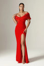 Off Shoulder Ruched Maxi Slit Dress
