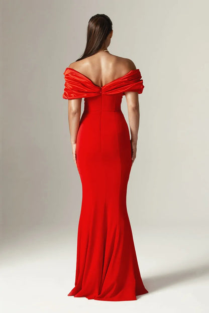 Off Shoulder Ruched Maxi Slit Dress