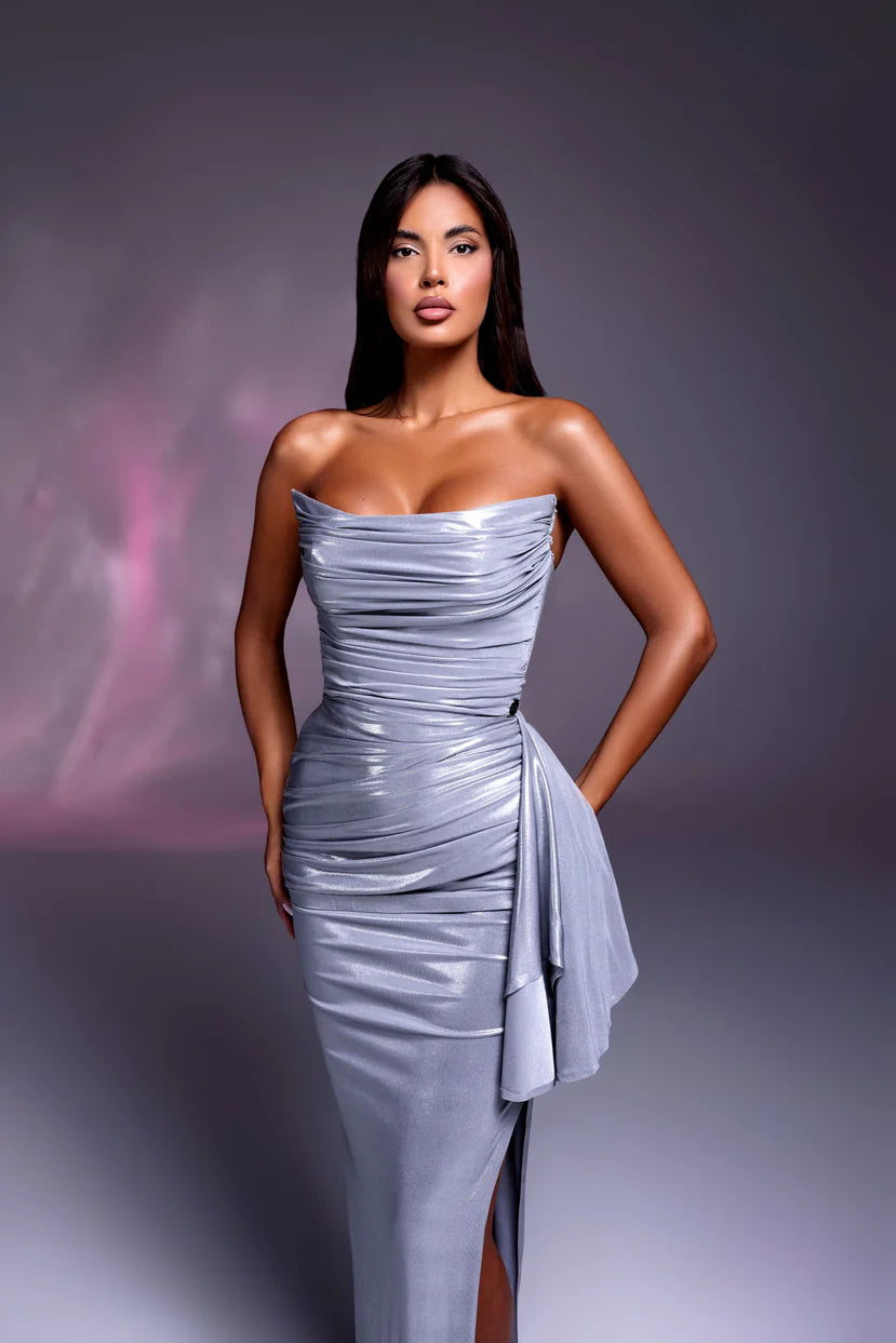 YS-Strapless Dress with Ruched Detailing