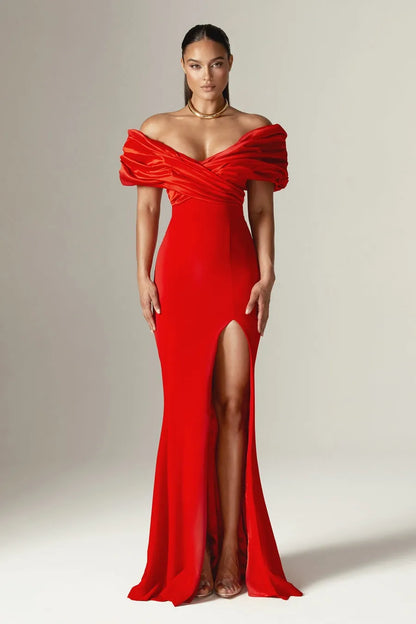 Off Shoulder Ruched Maxi Slit Dress