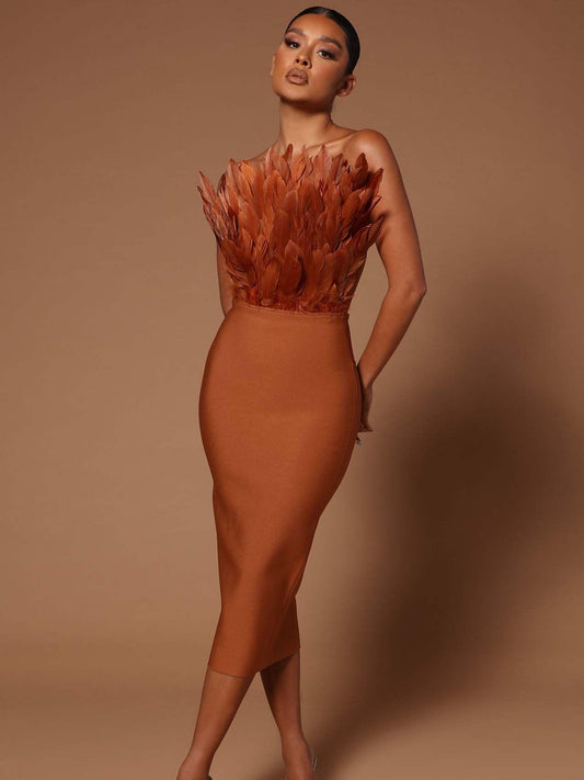 Feather Backless Slimming Mid-Length Bandage Dress