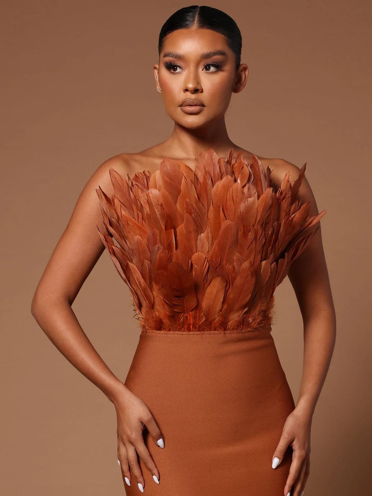 Feather Backless Slimming Mid-Length Bandage Dress