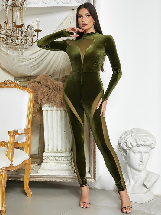 Green Velvet Body Mesh Long Petite Jumpsuit