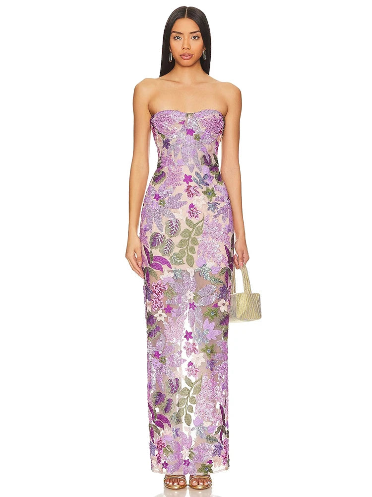 Sequin Embroidered Strapless Evening Gown Dress