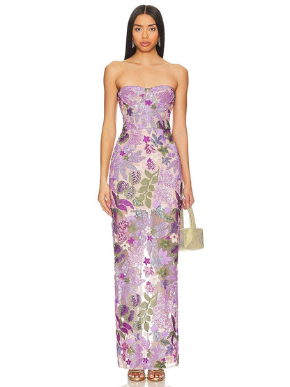 Sequin Embroidered Strapless Evening Gown Dress
