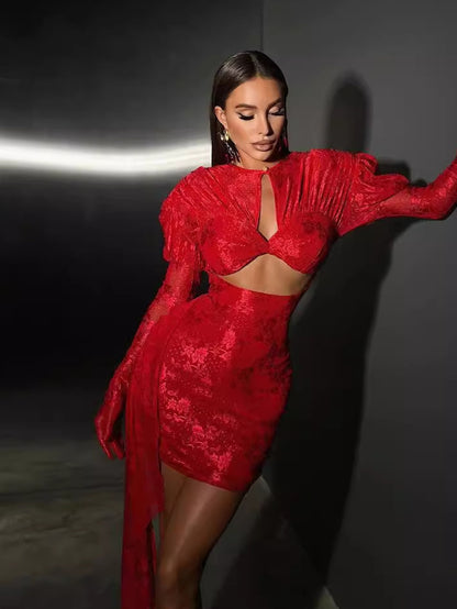 Bubble Sleeve Attached Glove Cutout Pleated Mini Dress