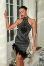 Sexy Hanging Neck Feather Patchwork Rhinestone Midi Dress