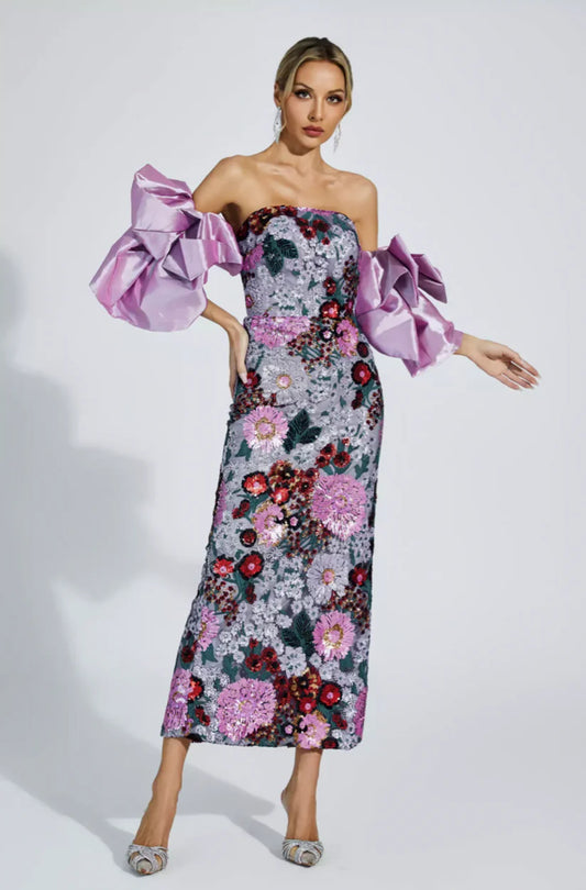 Celebrity Floral Pattern Bubble Sleeve Midi Dress