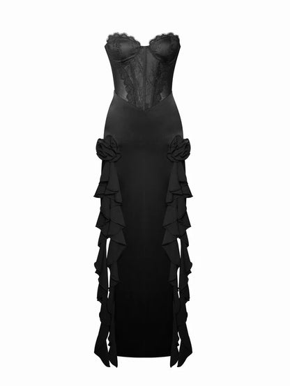 Black Satin Lace Corset Maxi Dress
