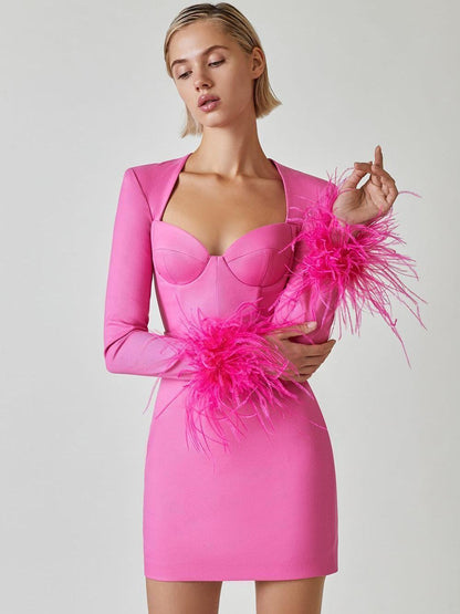 Ostrich Fur Long Sleeve Dress Women's Bandage Dresses