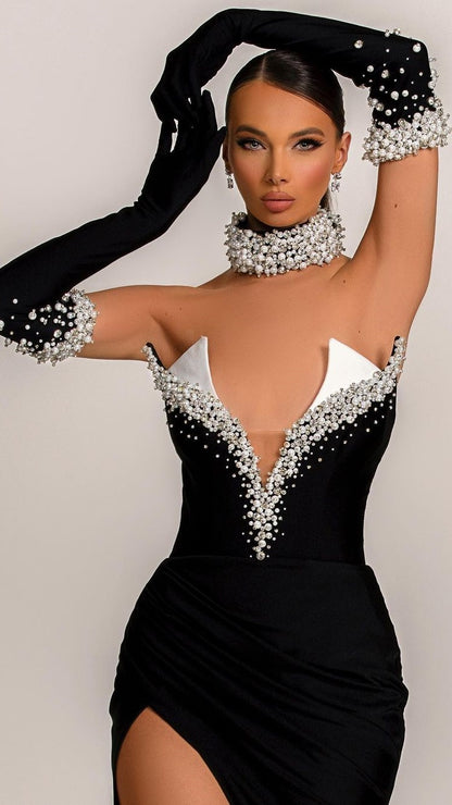 Black V-Neck Halter Half Sleeves Beadings Split Evening Dress