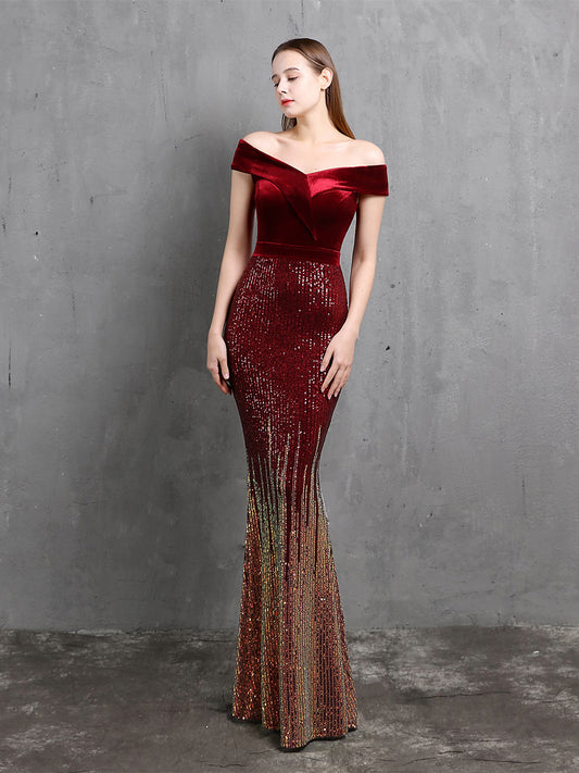One Shoulder Fishtail Velvet Evening Maxi Dress