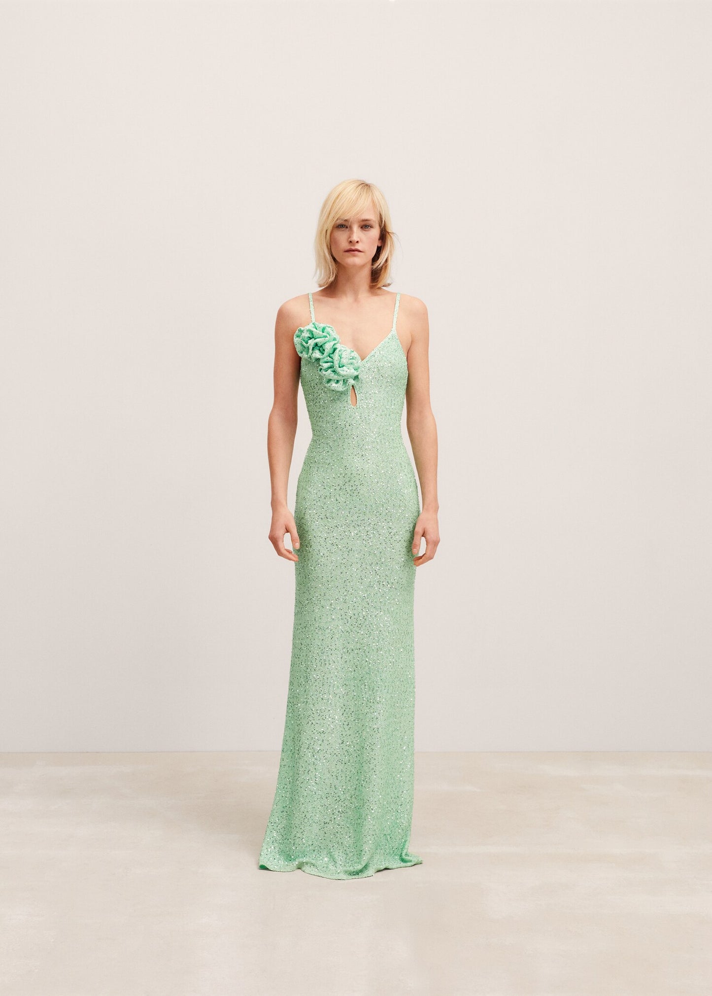 Mint Green Sequin Spaghetti-Strap Maxi Dress with Flower Detail
