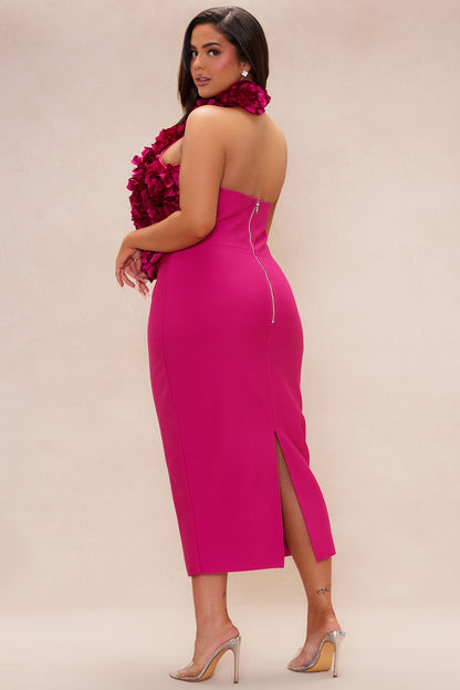 Fuchsia Halterneck Dress with 3D Floral Accents and Pencil Skirt