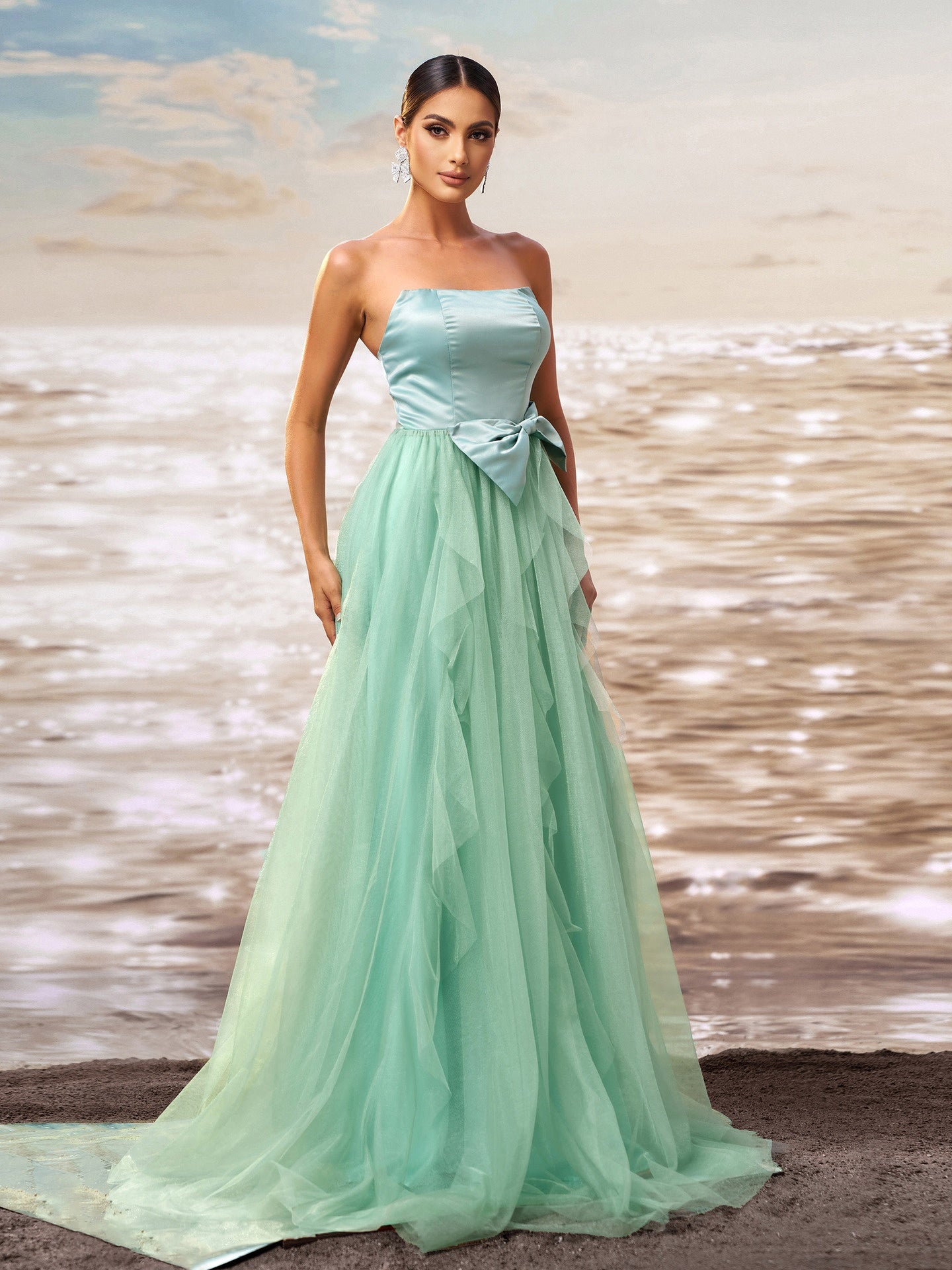 Strapless Satin Tulle Evening Gown