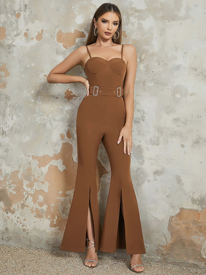 Sexy Suspender Elegant Slim with Belt Flare Jumpsuit