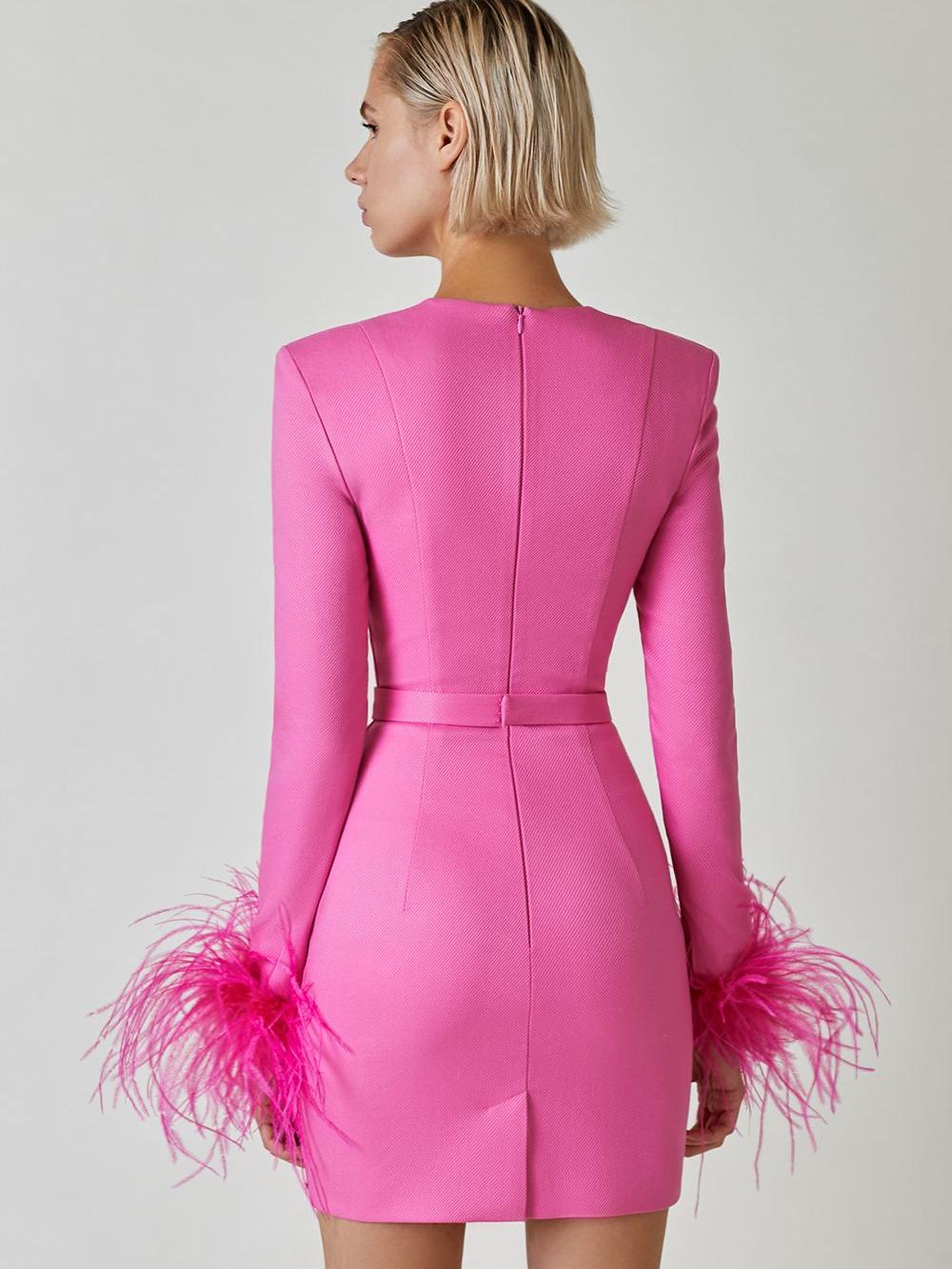 Ostrich Fur Long Sleeve Dress Women's Bandage Dresses