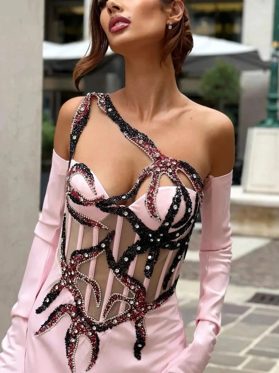 Slant Collar Sequined Trim Maxi Dress