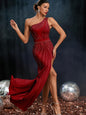 Slant Shoulder Rhinestone High Split Evening Gowns