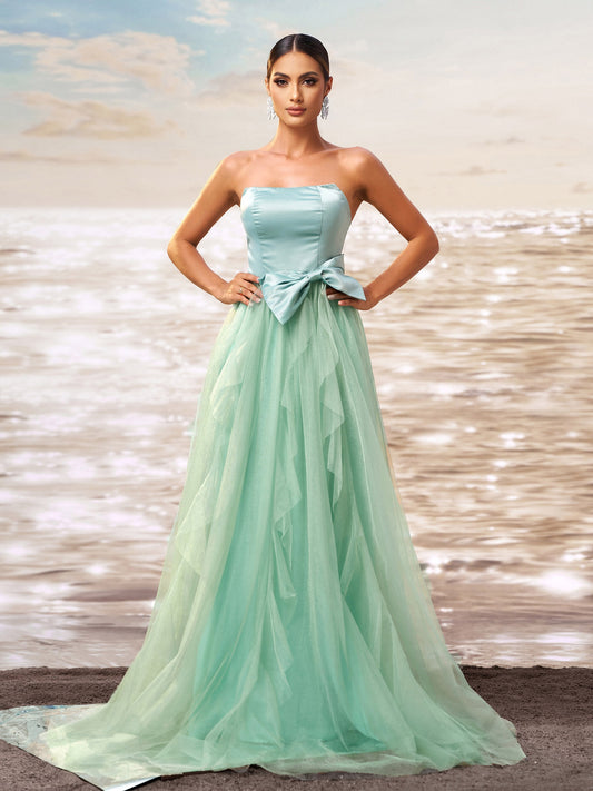 Strapless Satin Tulle Evening Gown