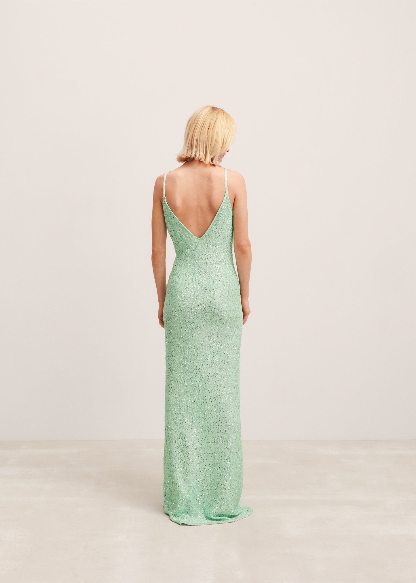 Mint Green Sequin Spaghetti-Strap Maxi Dress with Flower Detail