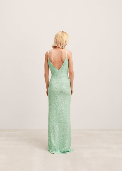 Mint Green Sequin Spaghetti-Strap Maxi Dress with Flower Detail