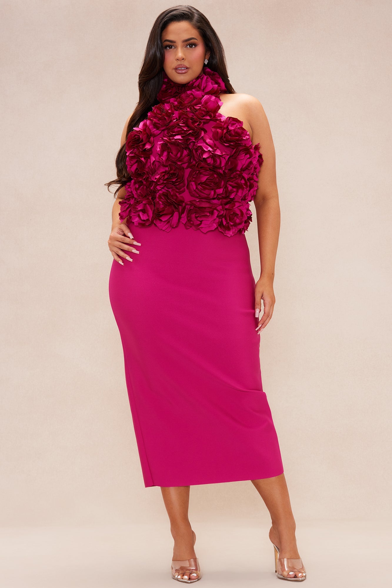 Fuchsia Halterneck Dress with 3D Floral Accents and Pencil Skirt