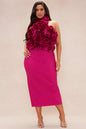 Fuchsia Halterneck Dress with 3D Floral Accents and Pencil Skirt