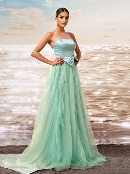 Strapless Satin Tulle Evening Gown