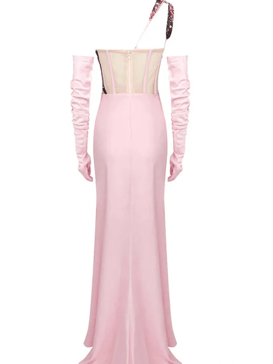 Slant Collar Sequined Trim Maxi Dress
