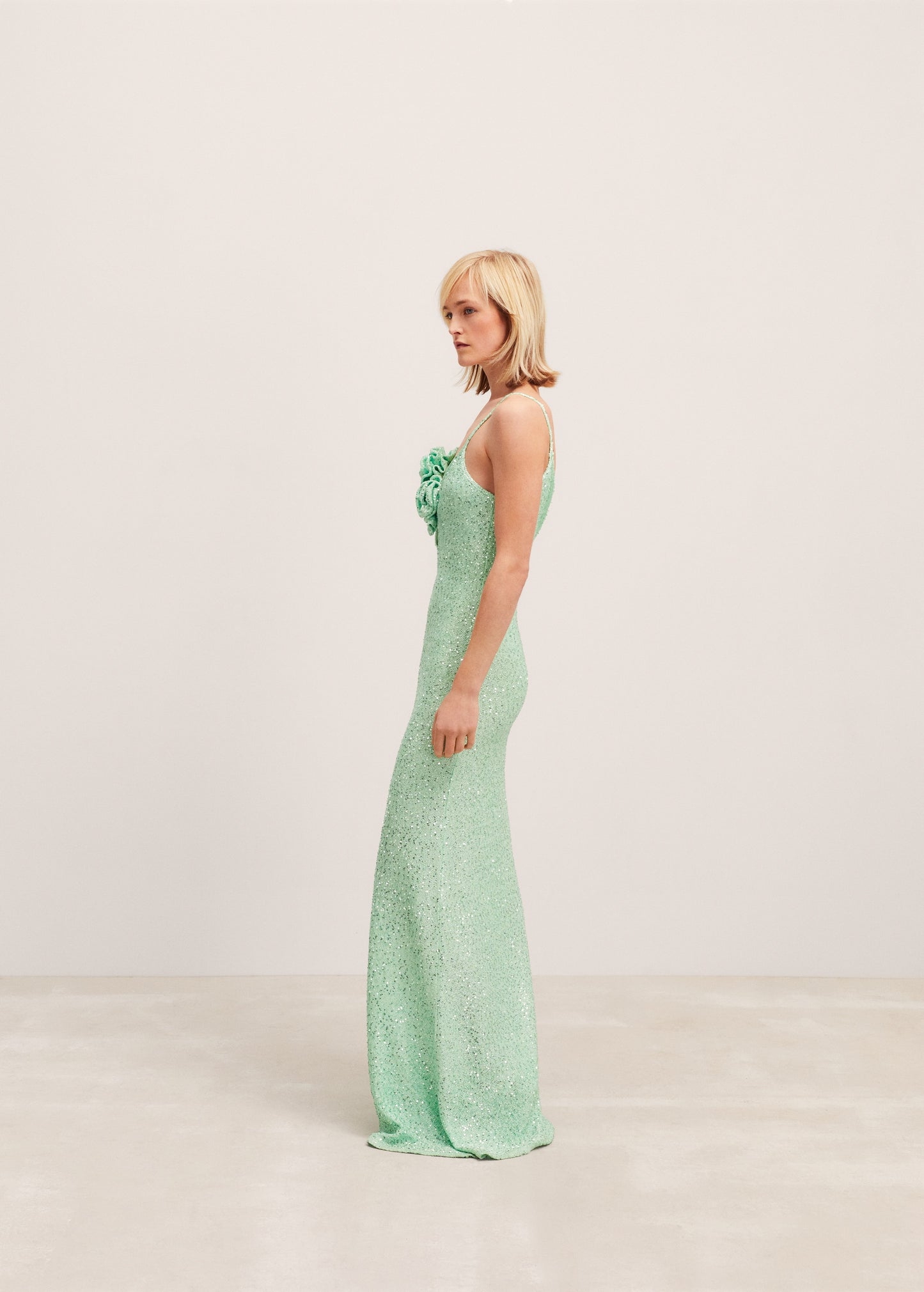 Mint Green Sequin Spaghetti-Strap Maxi Dress with Flower Detail