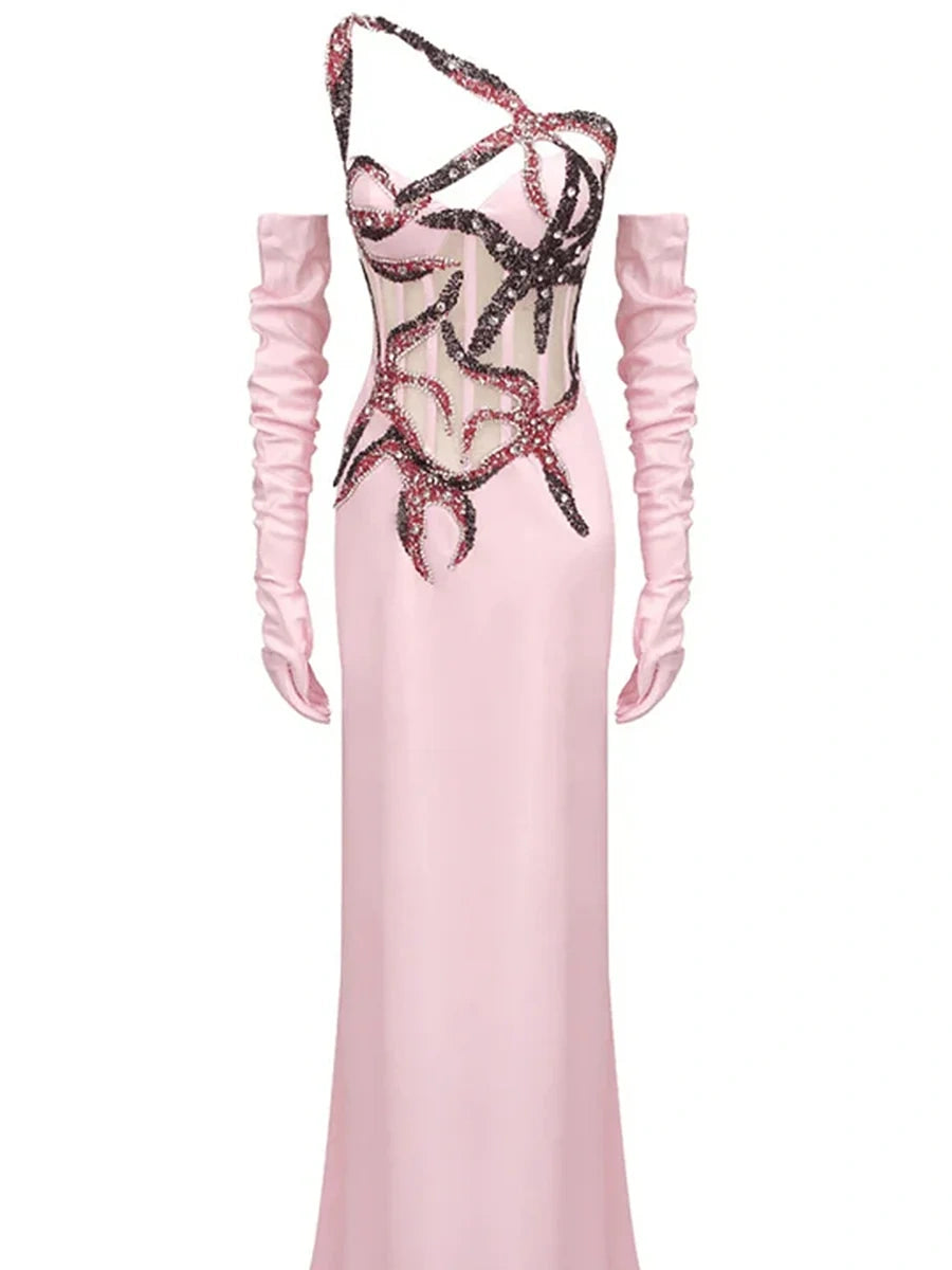 Slant Collar Sequined Trim Maxi Dress