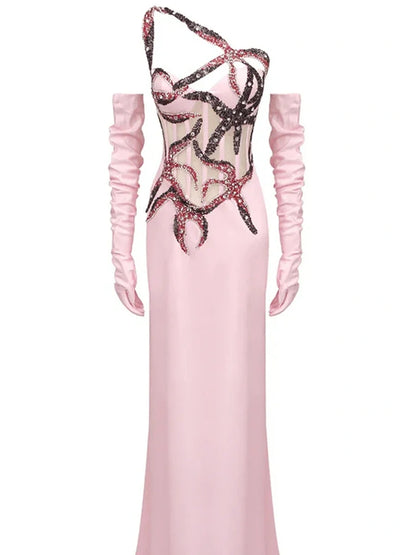 Slant Collar Sequined Trim Maxi Dress