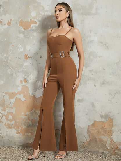 Sexy Suspender Elegant Slim with Belt Flare Jumpsuit