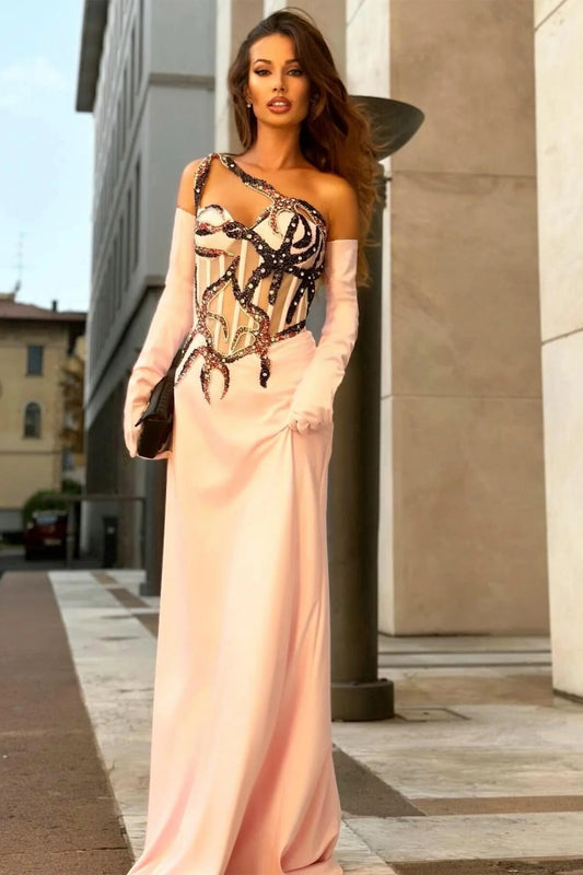 Slant Collar Sequined Trim Maxi Dress