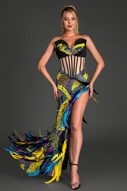 Embroidered Colorful Feather High Slit Tube Dress